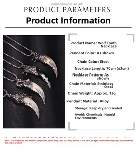 Detailed spec sheet showing vintage wolf tooth pendants and stainless steel chain details
