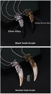 Macro detail of men's wolf tooth pendant necklace in silver and bronze alloy finish