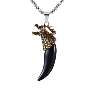 Vintage dragon head necklace with black faux fang pendant on stainless steel chain