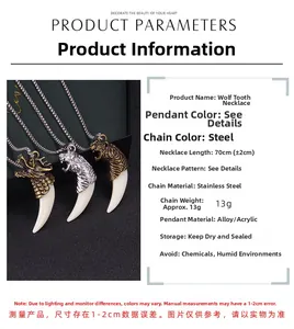 Détails du collier dent de loup de 70cm en bronze, argent et or avec spécifications