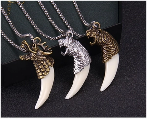 Détails de colliers dent de loup vintage avec pendentifs dragon et tigre en argent et bronze