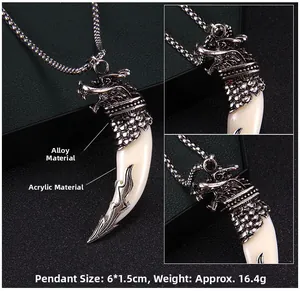 Detailed views of dragon head wolf tooth pendant in vintage silver and white acrylic