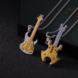 Collier Pendentif Guitare Rock Vintage pour Hommes Femmes Plaqué Or Argent Acier Inoxydable Alliage Strass Bijoux