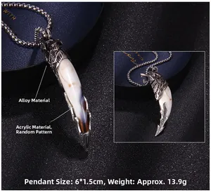 Detailed view of vintage wolf tooth pendant with silver alloy and acrylic texture
