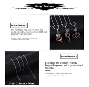 Rainbow stainless steel cobra pendant necklace with 2.5mm bead chain on black background