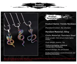 Close-up of rainbow stainless steel cobra pendants with dimensions and material specs