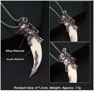 Detail view of dragon wolf tooth pendant showing 6x1.5cm dimensions and alloy material