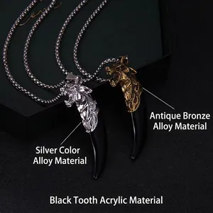 Punk style wolf head pendant necklace with tooth charm in silver and bronze finish