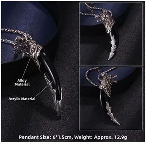 Detailed view of retro wolf head pendant with acrylic tooth and metallic texture