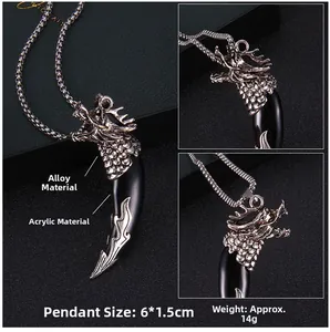 Detailed macro view showing the dragon head design and wolf tooth texture of the pendant