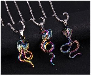 Detailed view of colorful snake pendants with rainbow gradient finish on bead chains