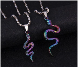 Detail of colorful rainbow finish on snake pendants with stainless steel square links