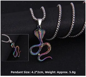 Macro detail of rainbow plated cobra pendant with dimensions 4.2x2cm and bead chain