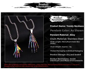 Detailed view of rainbow plated evil eye palm and skull hand pendants on chains
