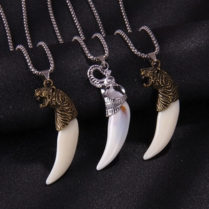 Colliers vintage en acier inoxydable avec pendentifs dent de loup et têtes d'animaux