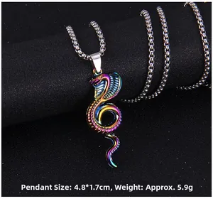 Detailed close-up of rainbow iridescent mamba snake pendant with silver bead chain necklace