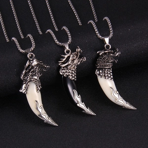 Retro dragon head and wolf tooth pendant necklace in stainless steel for men