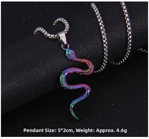 Macro detail of rainbow stainless steel snake pendant necklace with scale textures