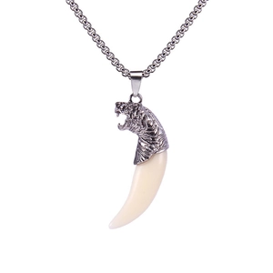 Collier rétro pour homme avec pendentif dent de loup en acier inoxydable et tête de loup