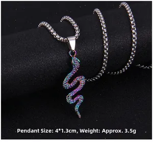 Macro detail of rainbow stainless steel mamba snake pendant with scale texture