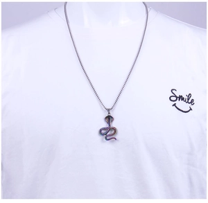 Macro shot of hip hop snake pendant with rainbow electroplated finish on steel chain