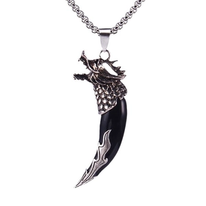 Retro stainless steel dragon head pendant necklace with black wolf tooth and metal chain
