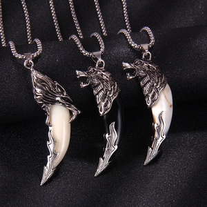 Retro wolf tooth pendant necklaces with metal carved heads in three distinct colors