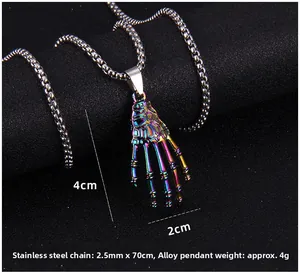 Macro detail of rainbow skeleton hand pendant with 4cm by 2cm dimensions and chain specifications