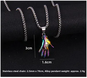 Detailed view of Hamsa eye pendant with dimensions and stainless steel chain specs