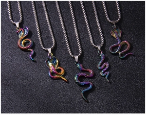 Detailed view of punk style snake pendants with vibrant rainbow iridescent electroplating