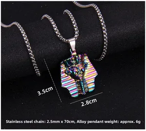 Detailed view of colorful plated Pharaoh pendant with chain dimensions and weight info