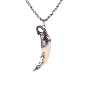 Vintage silver elephant head pendant necklace with wolf tooth resin spike for men
