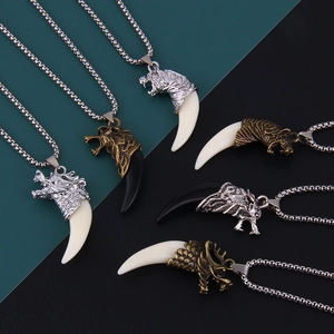 Collier Pendentif Dent de Loup Tigre Dragon Vintage Punk Chaîne Maille Miroir en Acier Inoxydable Bijoux Masculins Cadeau Homme Femme