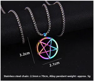 Macro detail of rainbow plated pentagram pendant with dimensions 3.2cm by 2.1cm