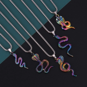 Iridescent Snake Pendant Necklace For Men Women Hip Hop Stainless Steel Chain Rainbow Cobra Charm Gothic Punk Animal Jewelry