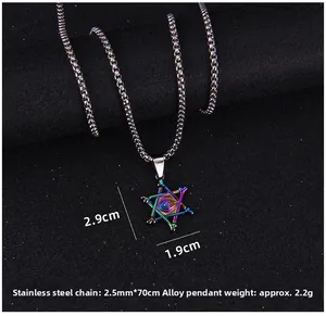 Macro view of iridescent star pendant with evil eye and bone details on steel chain