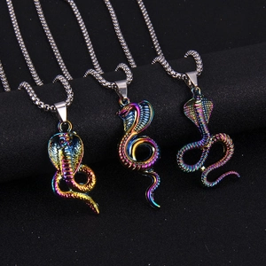 Rainbow plated stainless steel cobra snake pendant necklace with bead chain for men and women