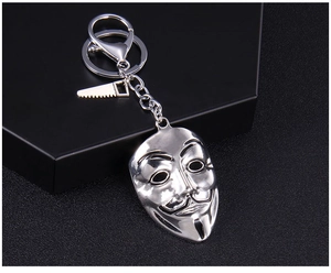 Detailed close-up of a silver punk Guy Fawkes mask keychain with a mini saw charm