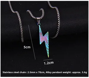 Detail of colorful lightning bolt pendant necklace with stainless steel chain and dimensions