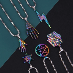 Punk Rainbow Iridescent Stainless Steel Pendant Necklace Pharaoh Evil Eye Hamsa Hand Lightning Star Hip Hop Jewelry Gift