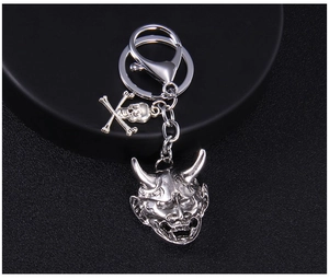 Macro detail of antique silver punk keychain featuring mask and skull charms on black podium