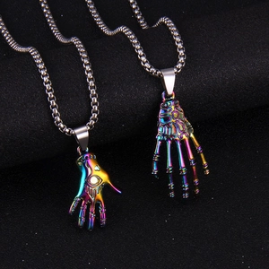 Rainbow plated punk pendant necklaces featuring evil eye hand and skeletal palm charms