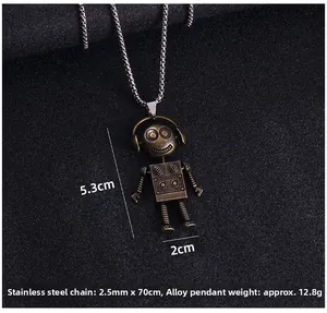 Mesures du pendentif robot : alliage de 5,3x2 cm sur chaîne en acier inoxydable de 70 cm