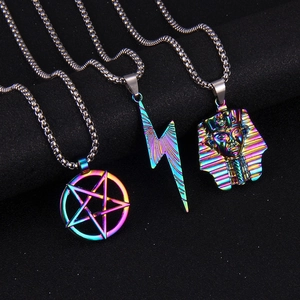 Rainbow plated punk pendants featuring pentagram lightning and pharaoh on box chain