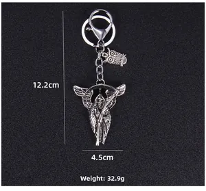 Gothic reaper keychain with scythe and owl charm, 12.2cm height and 32.9g weight details