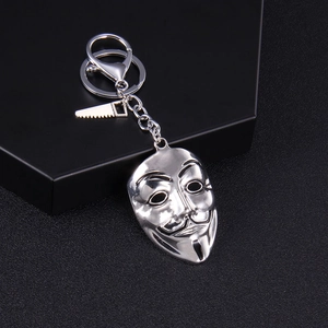Punk style mask keychain with red stone eyes and mini saw charm in silver finish