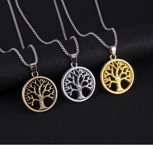Detailed view of tree of life pendants in vintage bronze, silver, and gold finishes