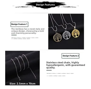 Macro detail of 2.5mm stainless steel chain and Tree of Life pendants in three finishes
