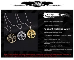 Detailed size chart for Tree of Life pendant necklace with 70cm stainless steel chain