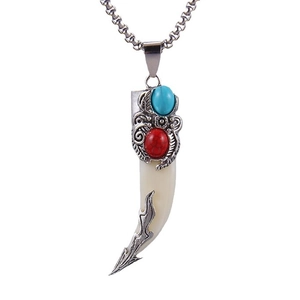 Collier dent de loup ethnique en acier inoxydable vintage avec turquoise et corail